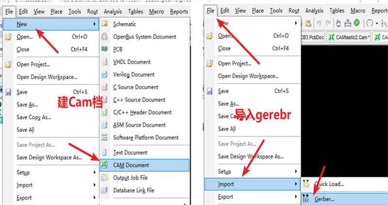 在File下新建 Cam檔，建后再File下導(dǎo)入Gerber文件，選擇所有文件導(dǎo)入gerber。
